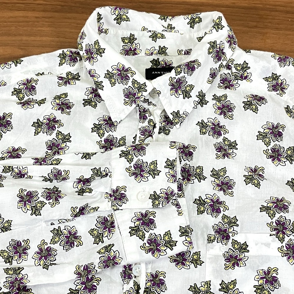 Ann‎ Taylor Womens White Floral Roll Tab Long Slv Button Dn Shirt Size L